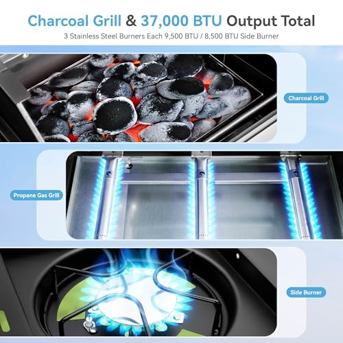 3 Burner Propane Gas and Charcoal Grill Combo with Side Burner, 37,000 BTUs 685 SQIN Dual Fuel Outdoor BBQ Grill Y24814