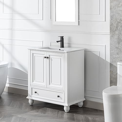 30" Bathroom Vanity Sink Combo with Painted Solid Wood Construction, Undermount Ceramic Sink with Matte Black Faucet & Drain, Pure White F45485