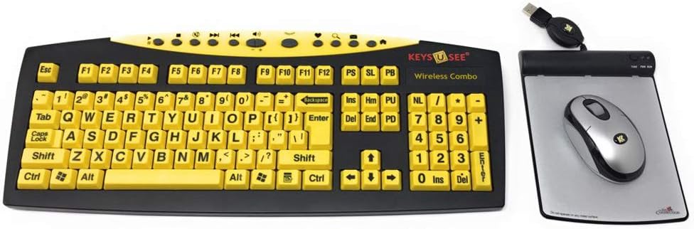 Large Print Yellow Wireless Keyboard with Optical Mouse and USB Wired Magic Pad Pack of 2 E832