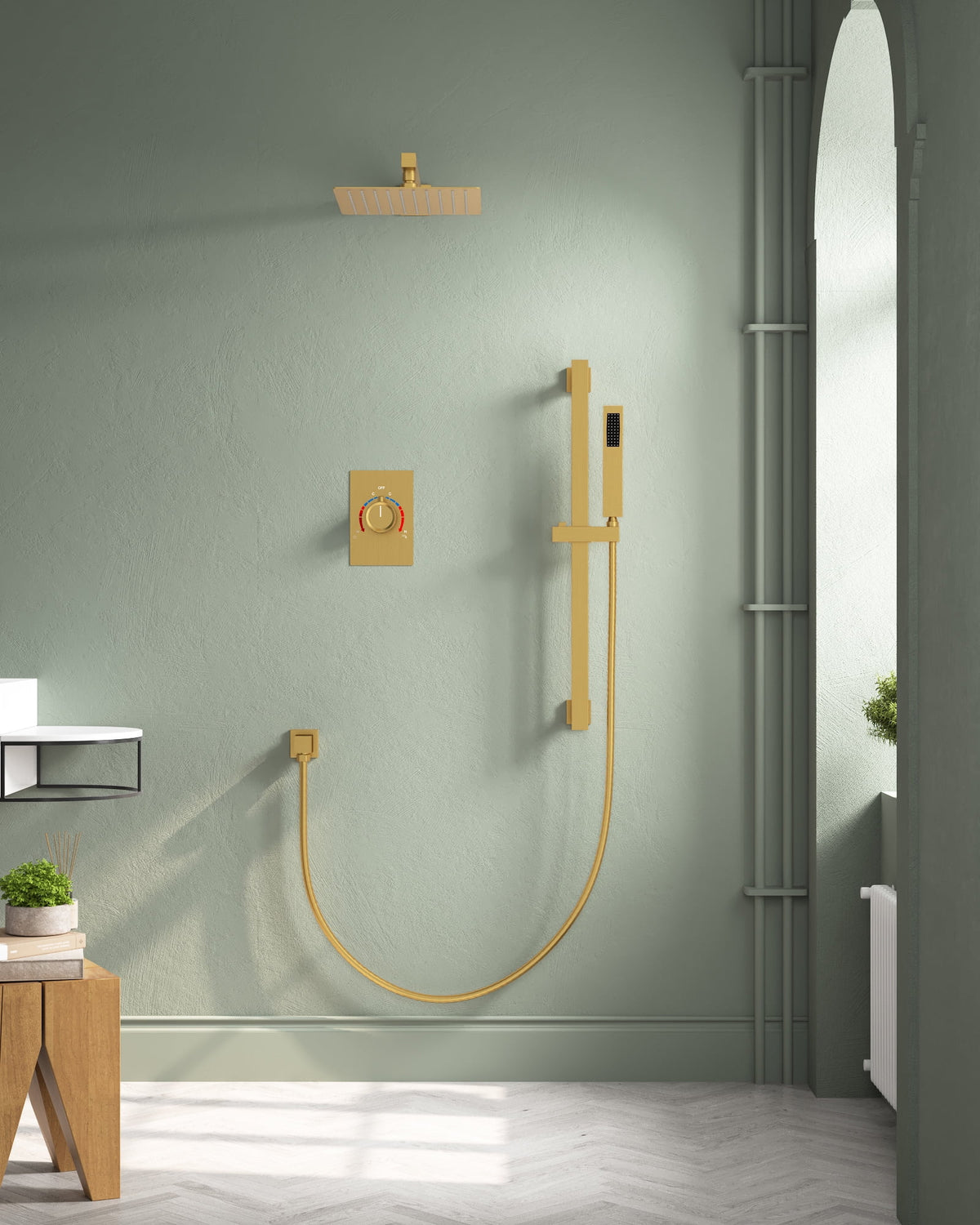 Brushed Gold Shower Faucet Set with Handheld Slide Bar W66751