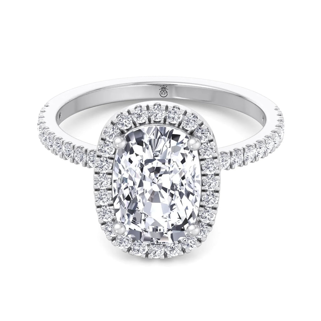 Moissanite Elongated Cushion Cut Halo Engagement Ring With Sidestones V12267