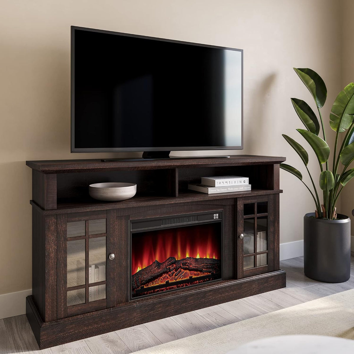 Gray Wash Electric Fireplace TV Stand with Open Storage Shelves & Cabinets G26952
