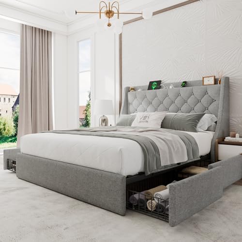 Beige Upholstered Full Size Bed Frame with 4 Storage Drawers W623439