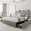 Beige Upholstered Full Size Bed Frame with 4 Storage Drawers W623439