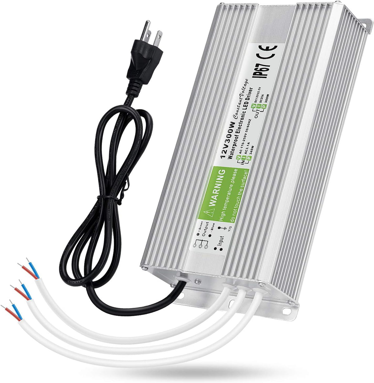 5 Pack Waterproof IP67 LED Power Supply Driver Transformer 300W 110V AC to 12V DC Low Voltage Output with 3-Prong Plug 3.3 Feet Cable U5354