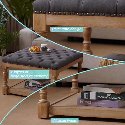 33-inch Large Square Ottoman Coffee Table with Storage Shelf and Solid Wood Legs Button Tufted Upholstered Linen Ottoman Stool (Beige) A88418