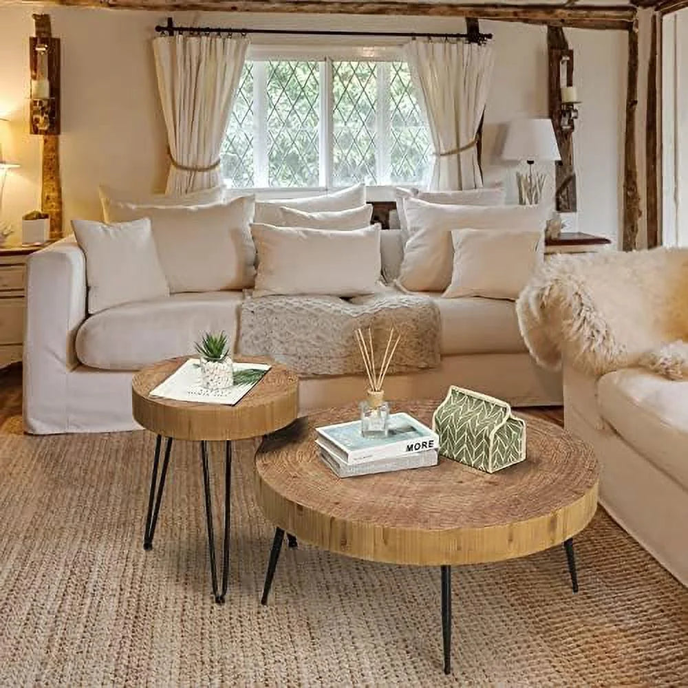 Round Coffee Table Set of 2 Solid Wood Side and End Table M9218