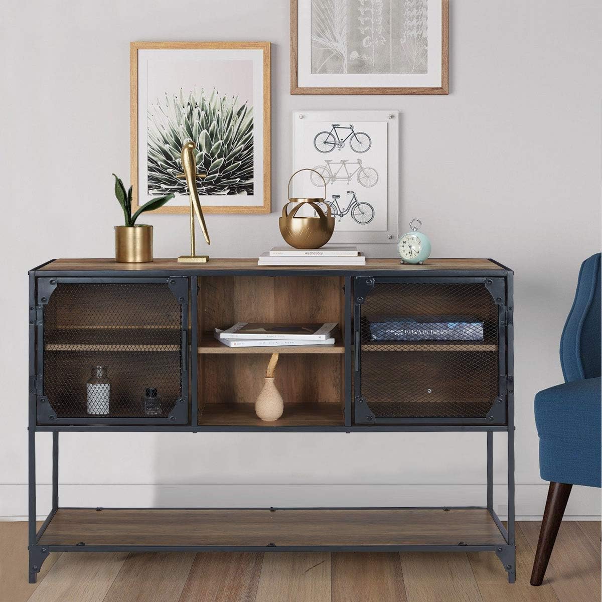 Rustic Brown Kitchen Storage Cabinet with Metal Mesh Doors and Adjustable Shelves Q496
