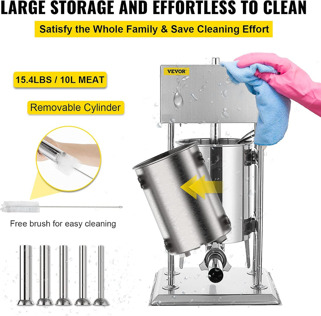 Electric Sausage Stuffer 10L Capacity, Vertical Meat Stuffer Variable Speed, Stainless Steel Sausage Filler with 4 Sausage Tubes O9771