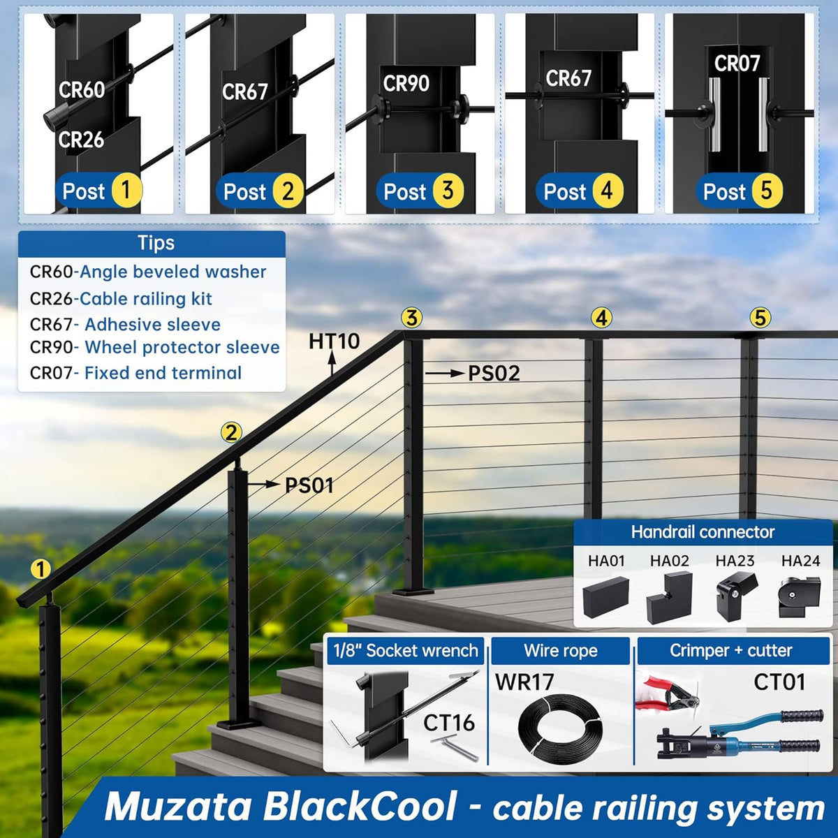 4 Pack Black Square Stainless Steel Cable Railing Post J940784