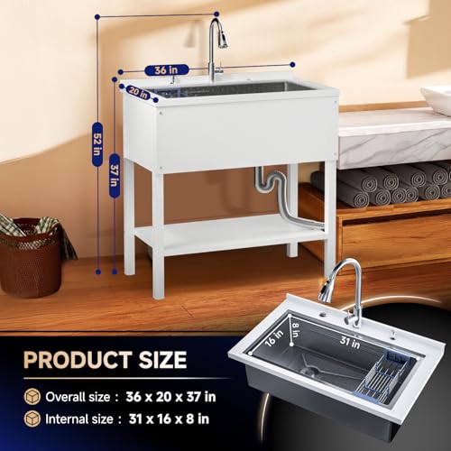 Stainless Steel Freestanding Utility Sink 36" with Pull Out Faucet (black) C1395