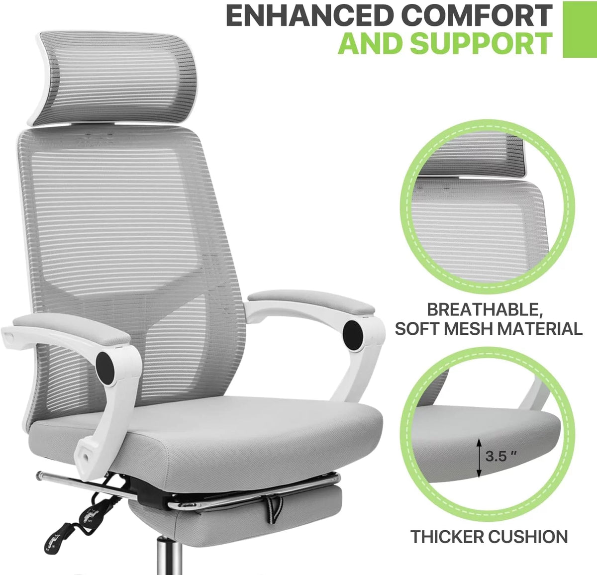 Grey Ergonomic High Back Mesh Office Chair with Footrest Y715606