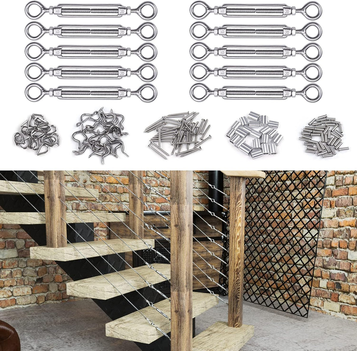 10 Set 1/8 Cable Railing Kit Hardware Heavy Duty Turnbuckle M5 Eye to Eye Stainless Steel I770756