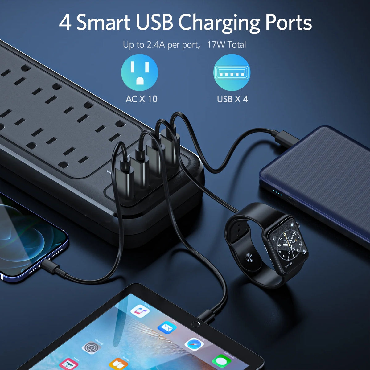 2 Prong Power Strip, 1700J Surge Protector, 6ft Extension Cord, 10 Outlets & 4 USB Ports A6491
