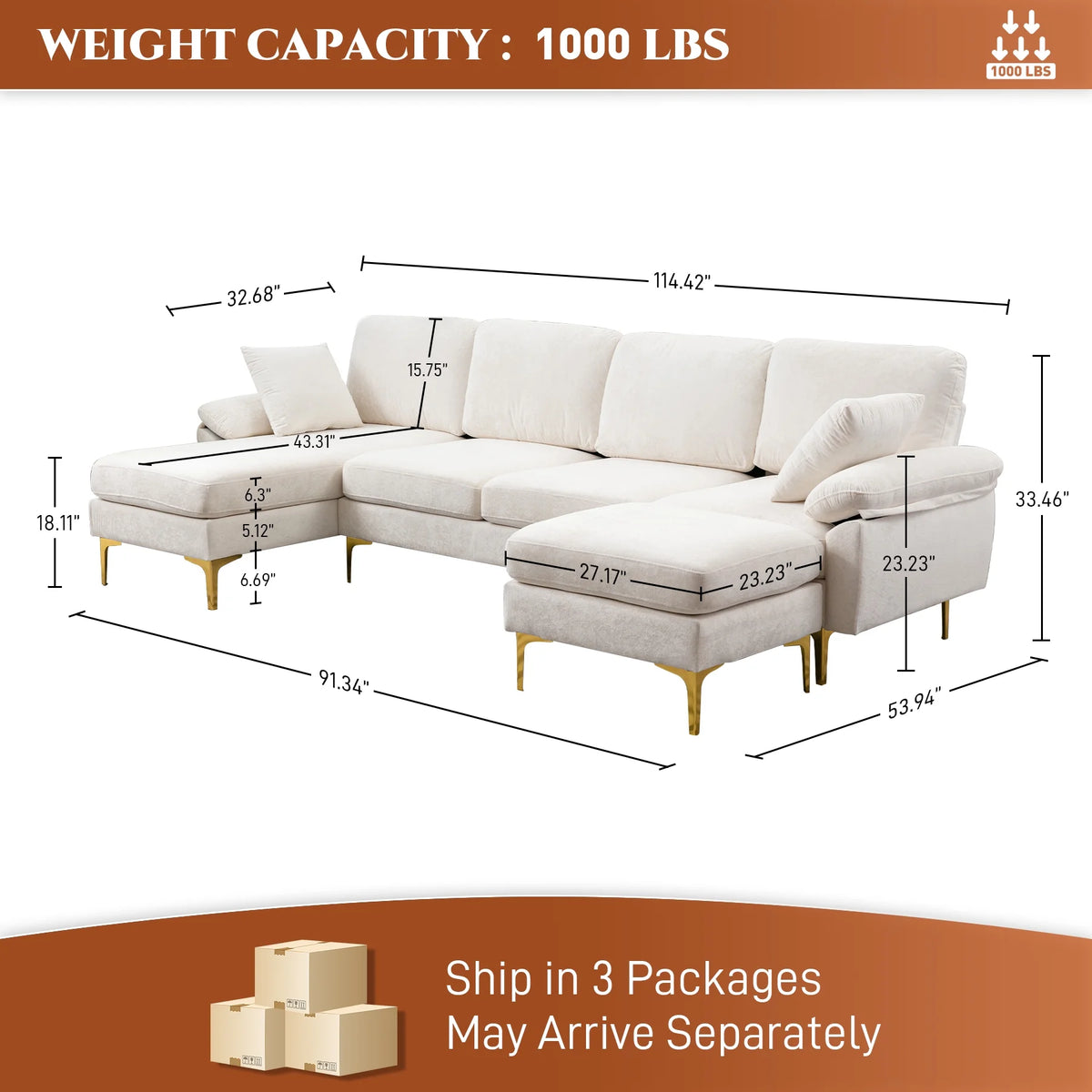 Upholstered Velvet U-shaped Sectional Sofa With Ottoman B19492