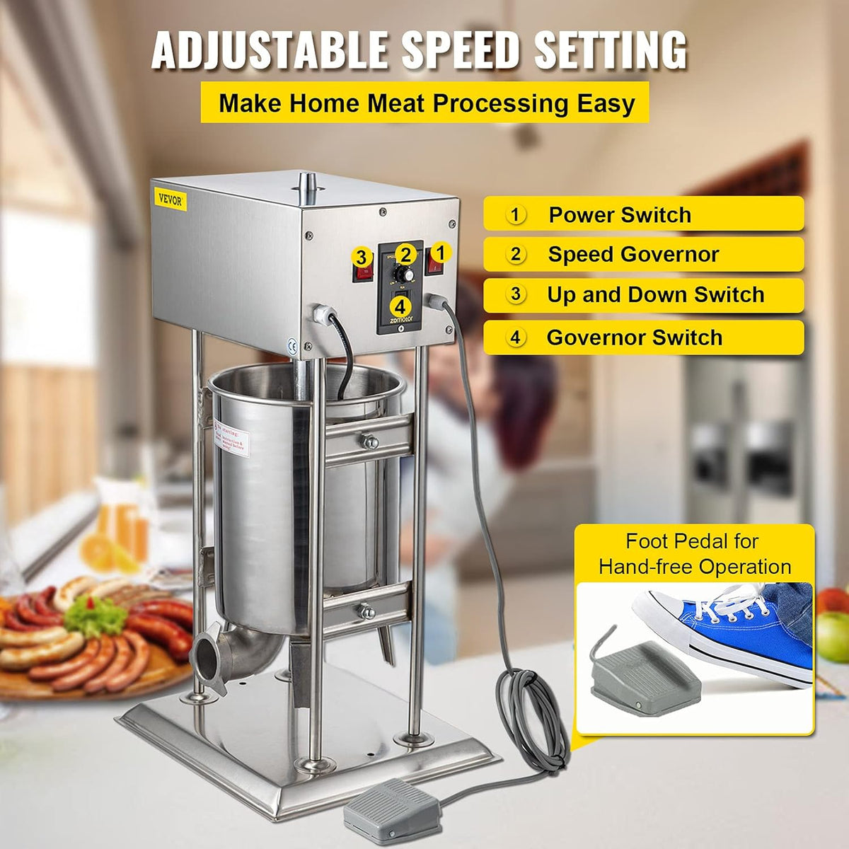 Electric Sausage Stuffer 10L Capacity, Vertical Meat Stuffer Variable Speed, Stainless Steel Sausage Filler with 4 Sausage Tubes O9771