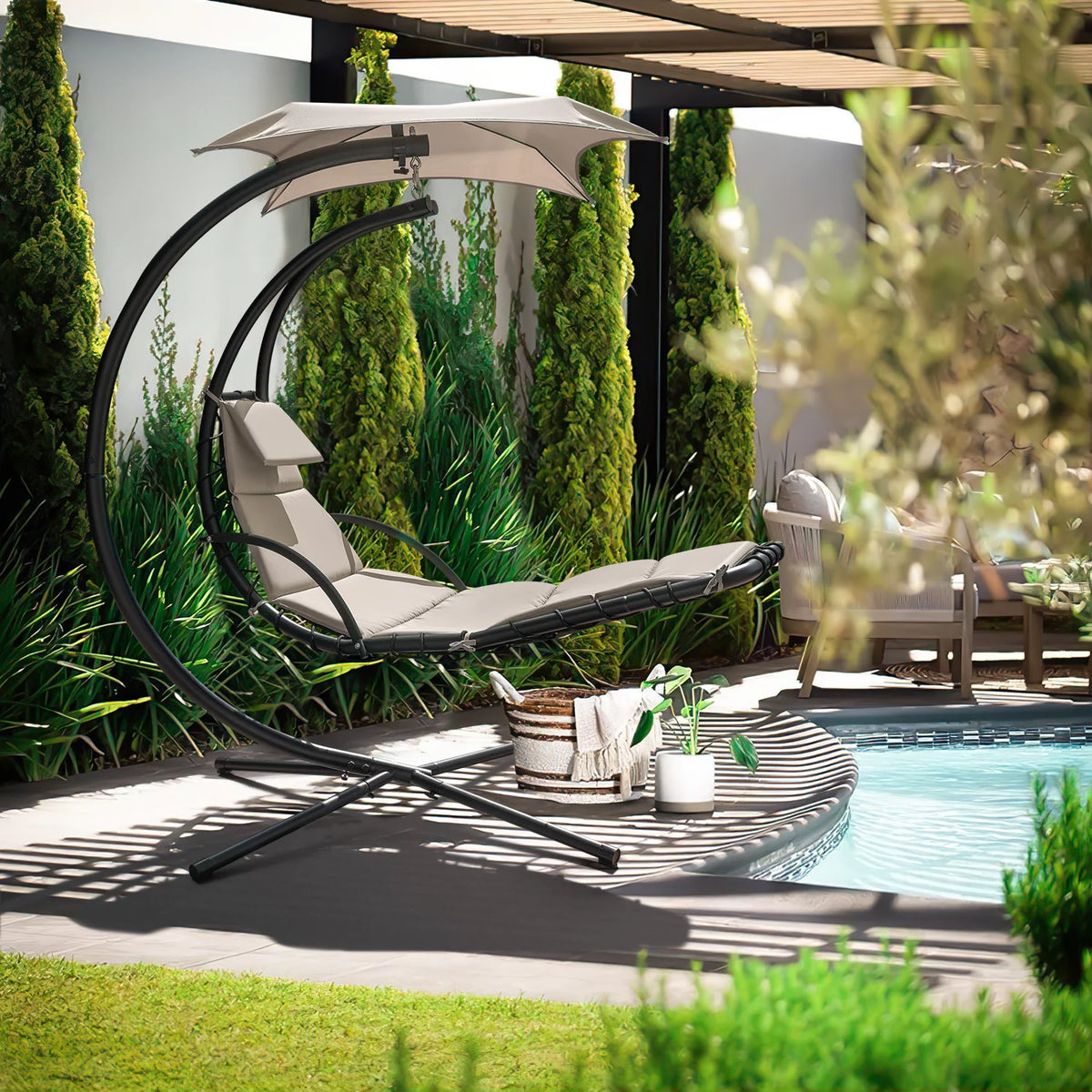 Beige Curved Hanging Chaise Lounge Chair with Canopy Y2498