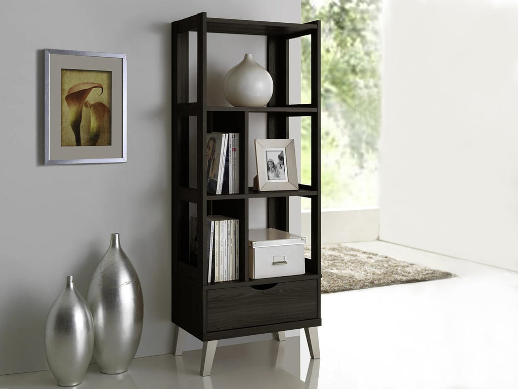 Dark Brown Wood Bookcase with Display Shelves and Two Drawers U6522