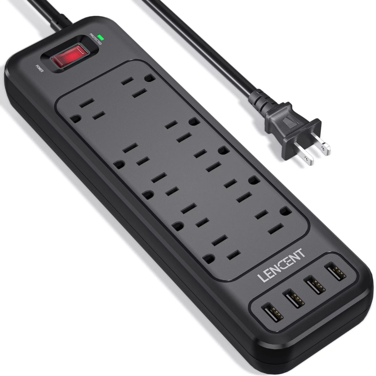 2 Prong Power Strip, 1700J Surge Protector, 6ft Extension Cord, 10 Outlets & 4 USB Ports A6491