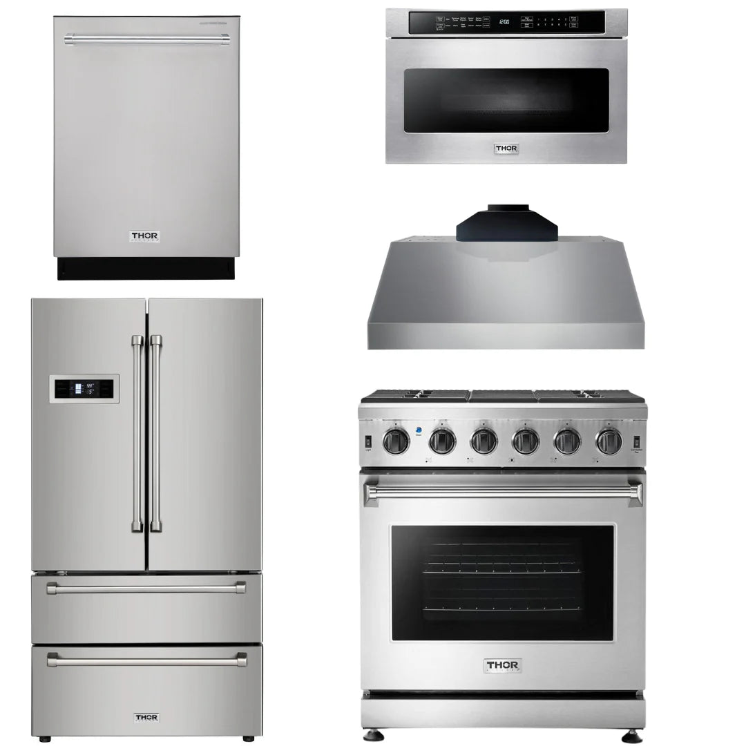 30 Propane Gas Range, Range Hood, Microwave, Refrigerator, Dishwasher Q1994