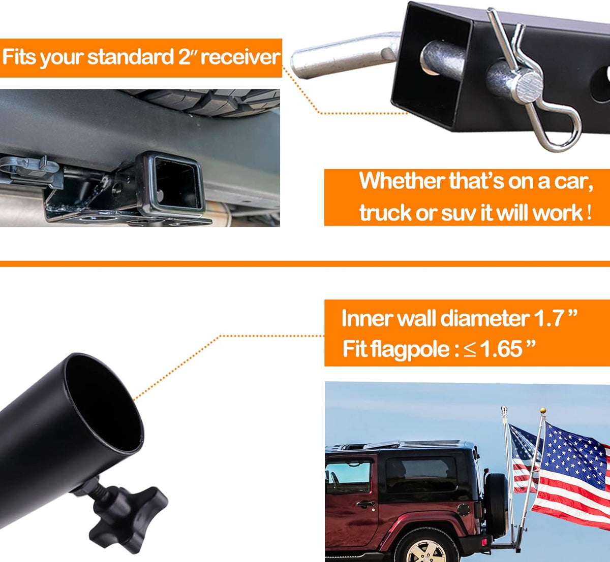 Trailer Hitch Mount Flag Pole Holder with Bolts W7505