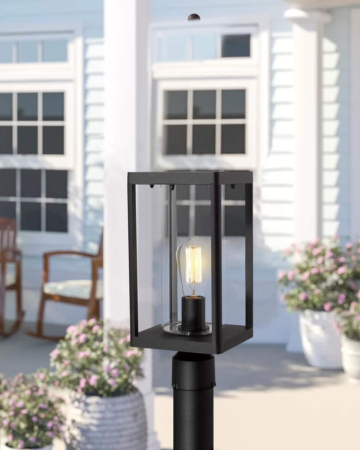 Set of 2 Black Cast Aluminum Outdoor Post Lantern with Clear Glass M4285