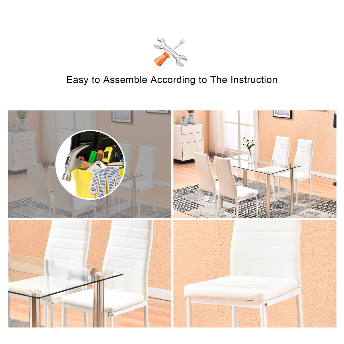 5 Piece Glass Top Dining Table Set with 4 White PU Leather Chairs Q1045