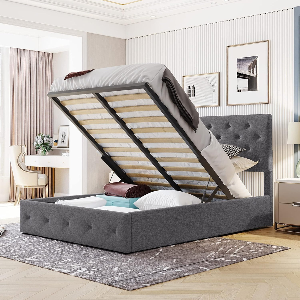 Grey Full Size Upholstered Platform Bed With Storage L342