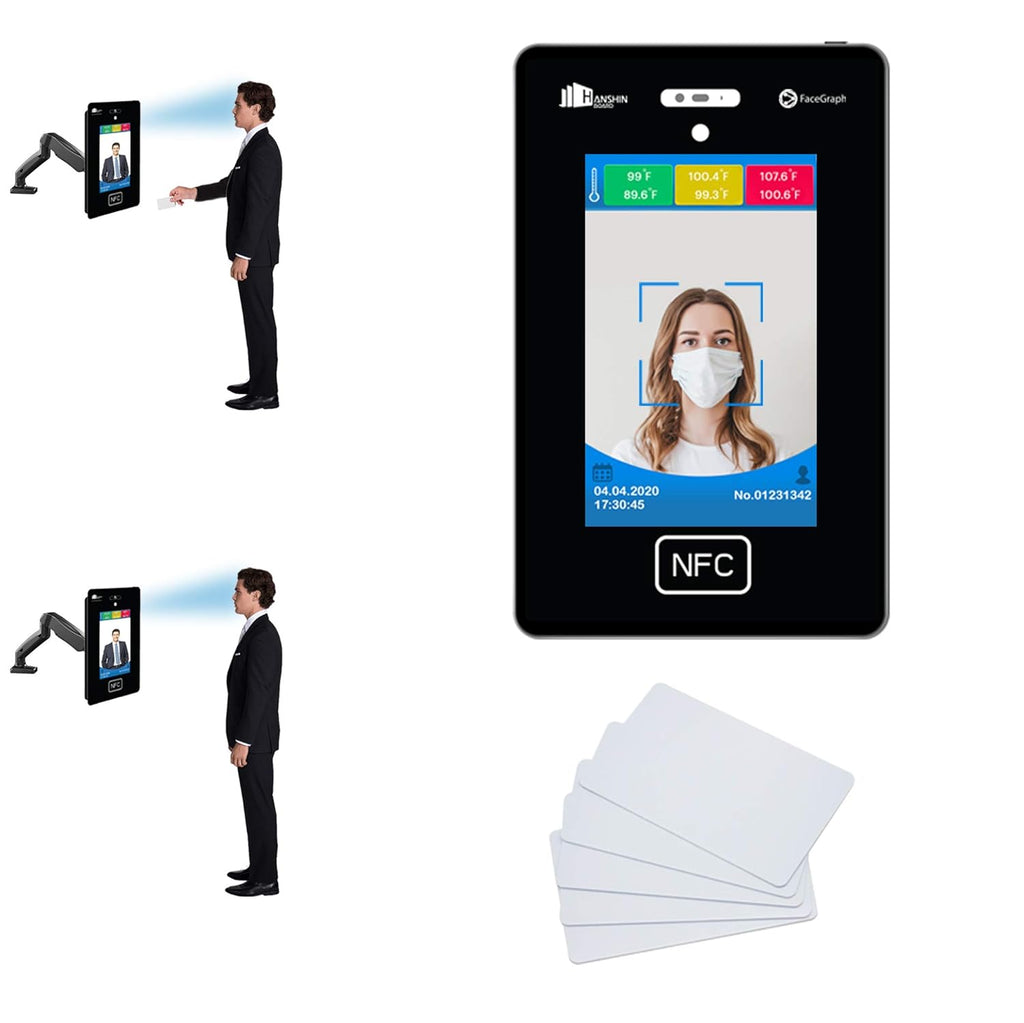No Contact Temperature & Attendance Tracking Scanner Kiosk with Steel Floor Stand and 50 RFID Cards Bundle O37372