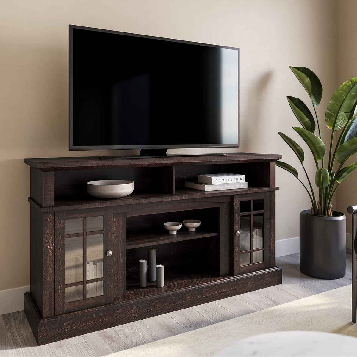 Gray Wash Electric Fireplace TV Stand with Open Storage Shelves & Cabinets G26952