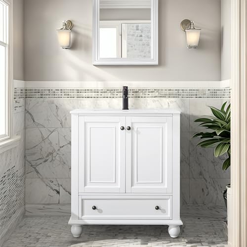 30" Bathroom Vanity Sink Combo with Painted Solid Wood Construction, Undermount Ceramic Sink with Matte Black Faucet & Drain, Pure White F45485