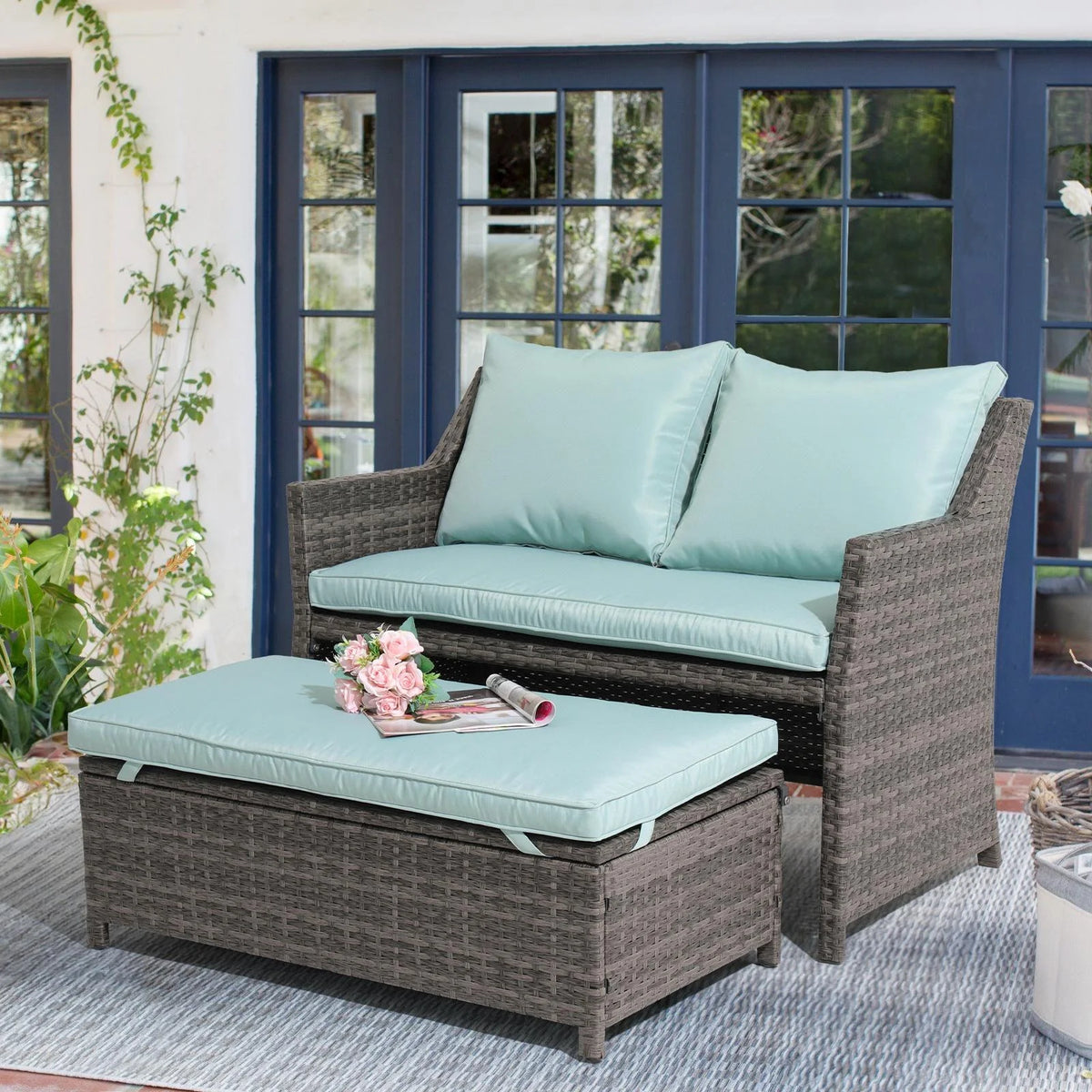 Grey Rattan 2-Piece Outdoor Patio Furniture Set with Green Cushions Q1166