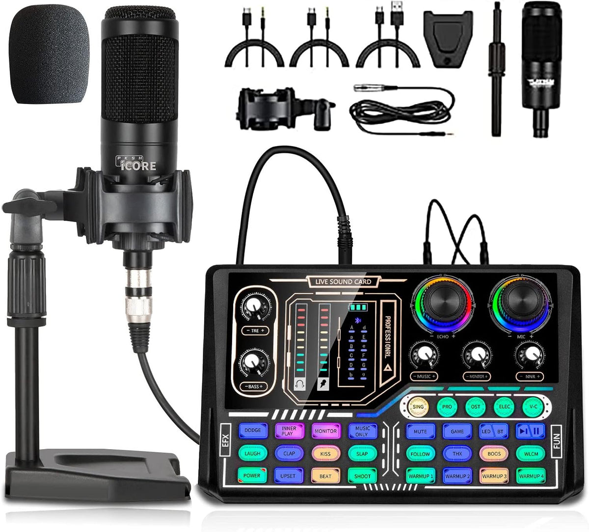 Podcast Equipment Bundle, Audio Interface Mixer, Sound Card with Microphone P16448
