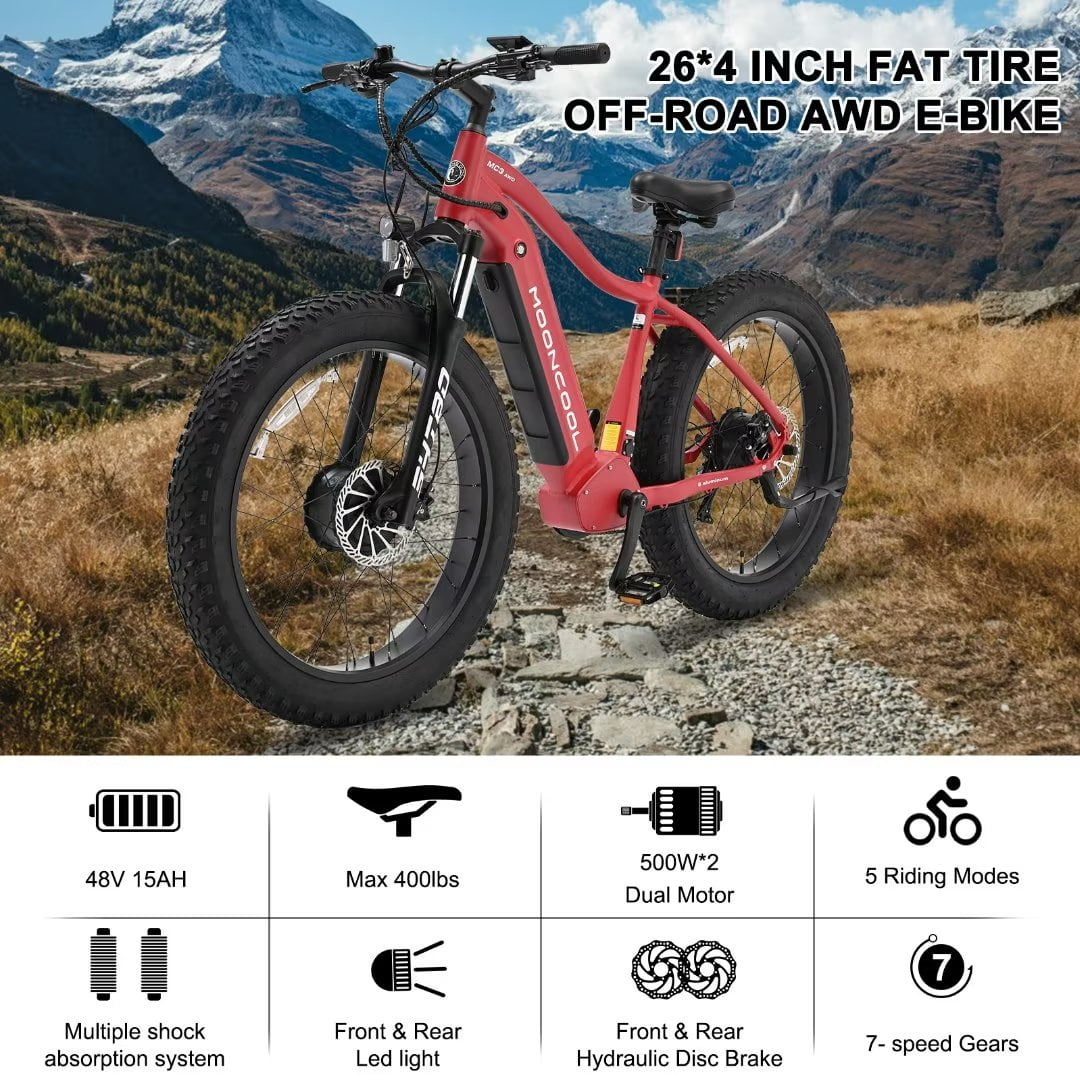 26" x 4" Fat Tire Electric Bike, 500W Dual Motor AWD Mountain Ebike, 48V 15AH Removable Battery, 7-Speed Electric Bicycle T6018
