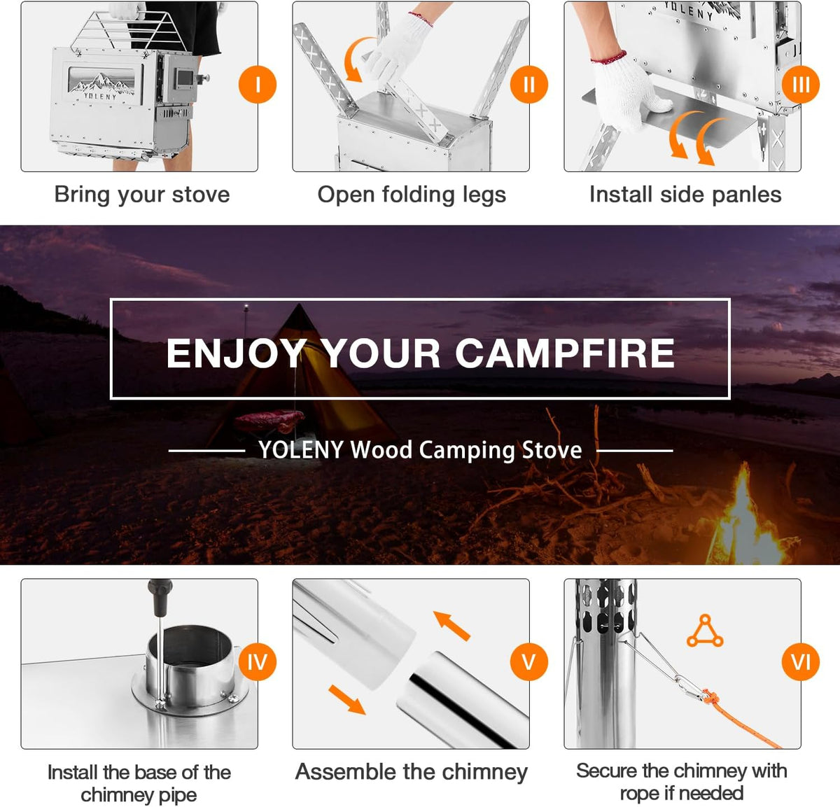 Wood Burning Tent Stove with Chimney Pipes and Carry Bag T65292