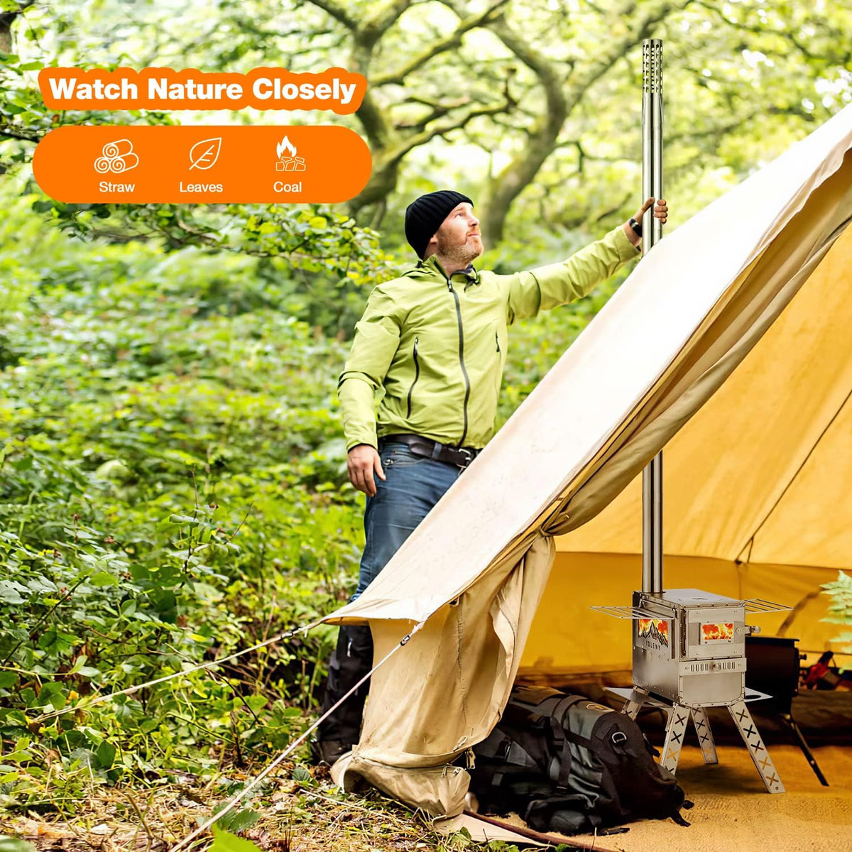 Wood Burning Tent Stove with Chimney Pipes and Carry Bag T65292