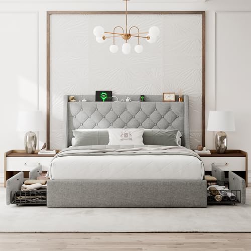 Beige Upholstered Full Size Bed Frame with 4 Storage Drawers W623439