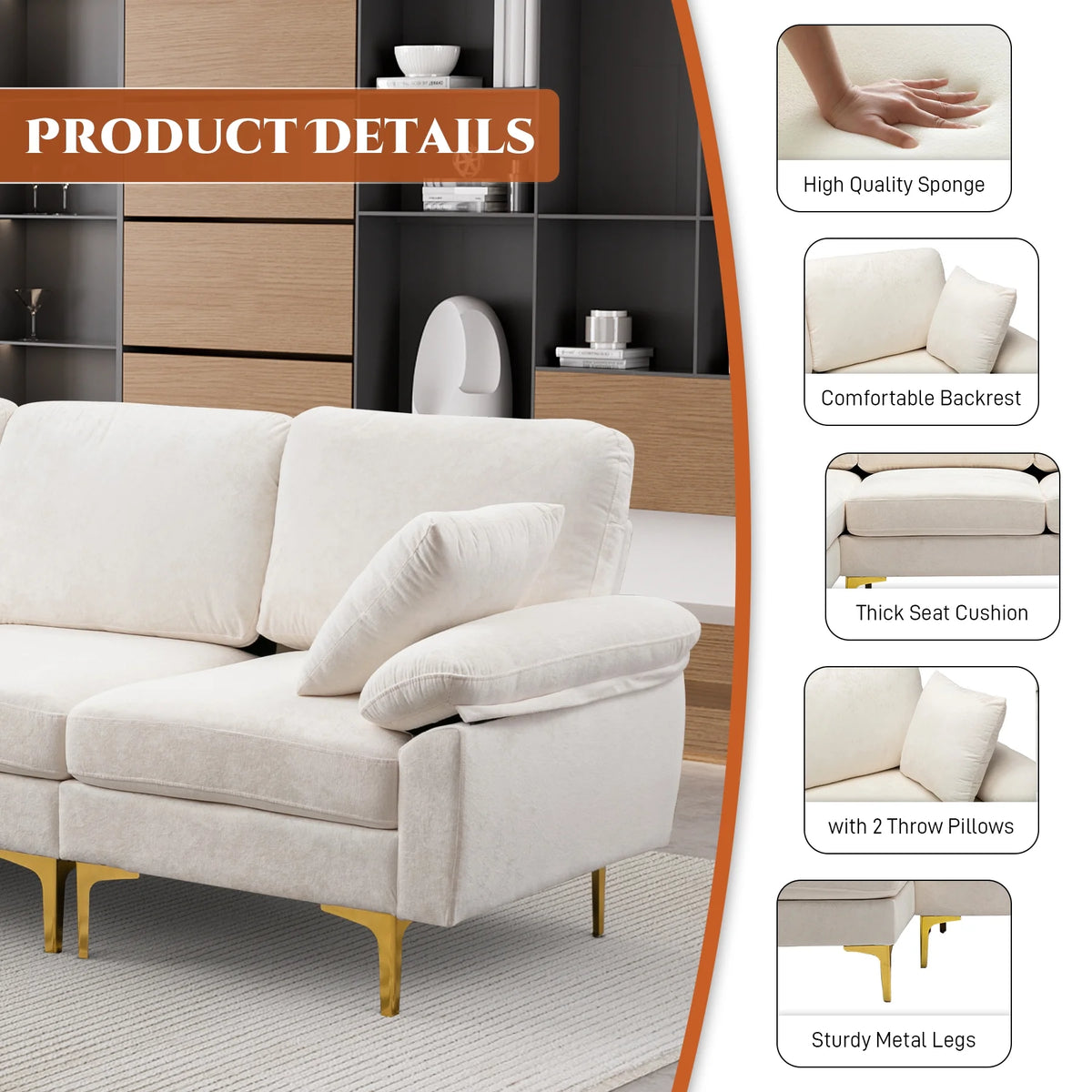 Upholstered Velvet U-shaped Sectional Sofa With Ottoman B19492