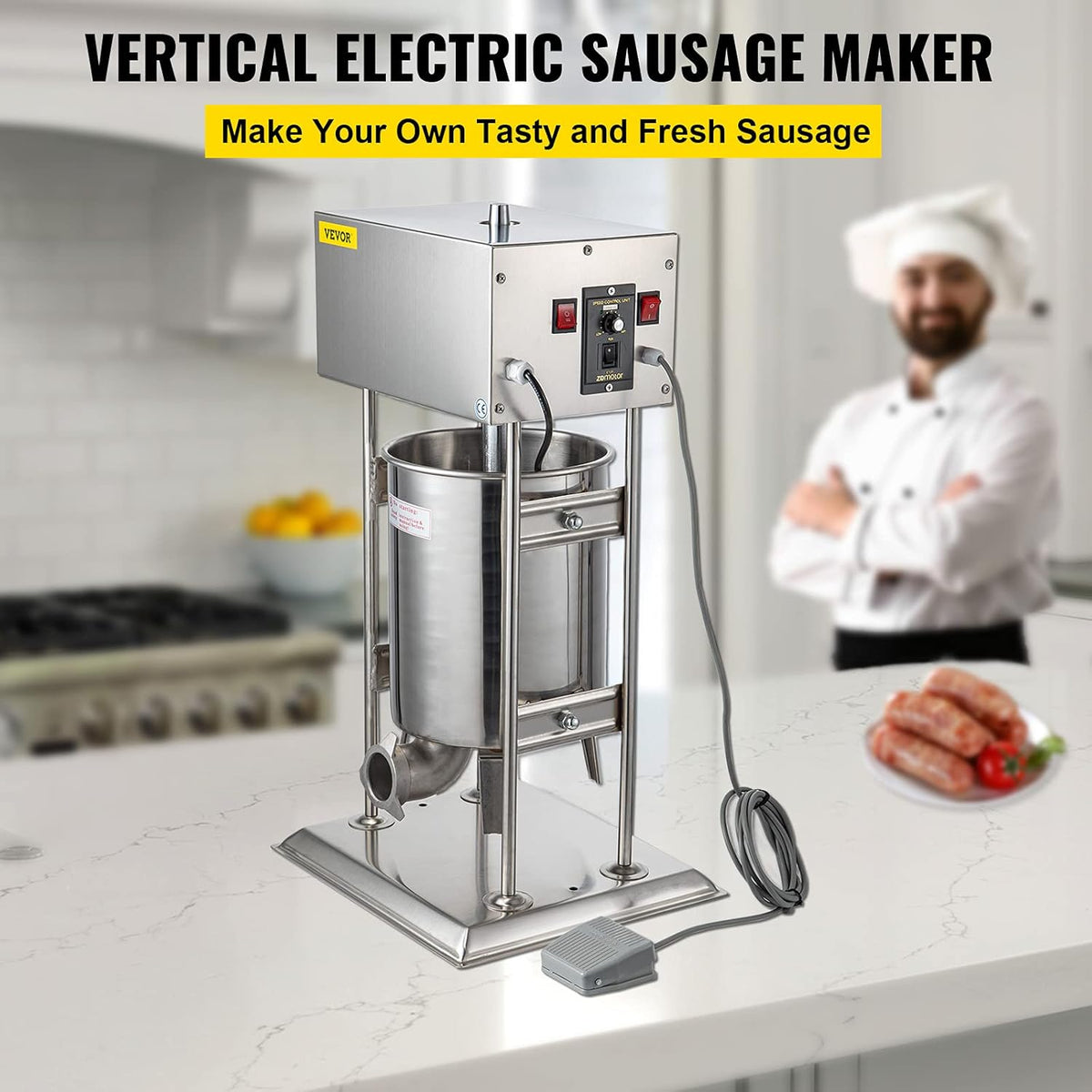Electric Sausage Stuffer 10L Capacity, Vertical Meat Stuffer Variable Speed, Stainless Steel Sausage Filler with 4 Sausage Tubes O9771