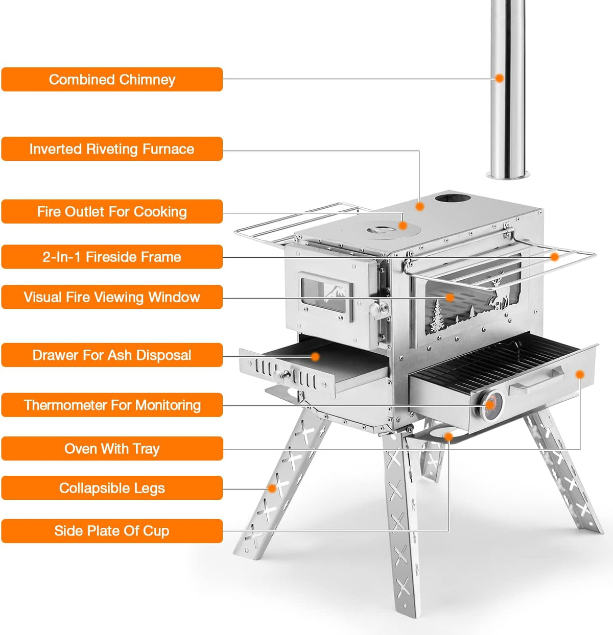 Wood Burning Tent Stove with Chimney Pipes and Carry Bag T65292