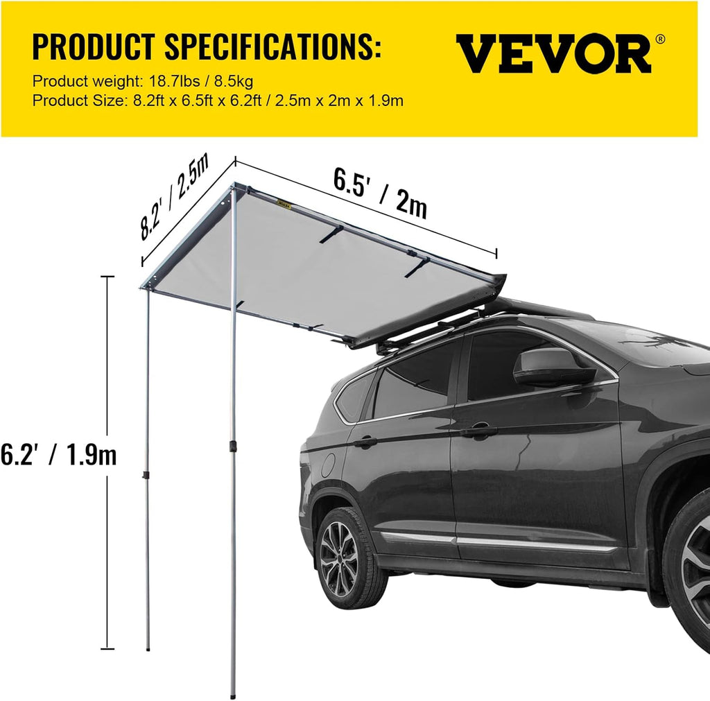 Car Side Awning, 8.2'x6.5', Pull-Out Retractable Waterproof UV50+ with Carry Bag, Grey G2620