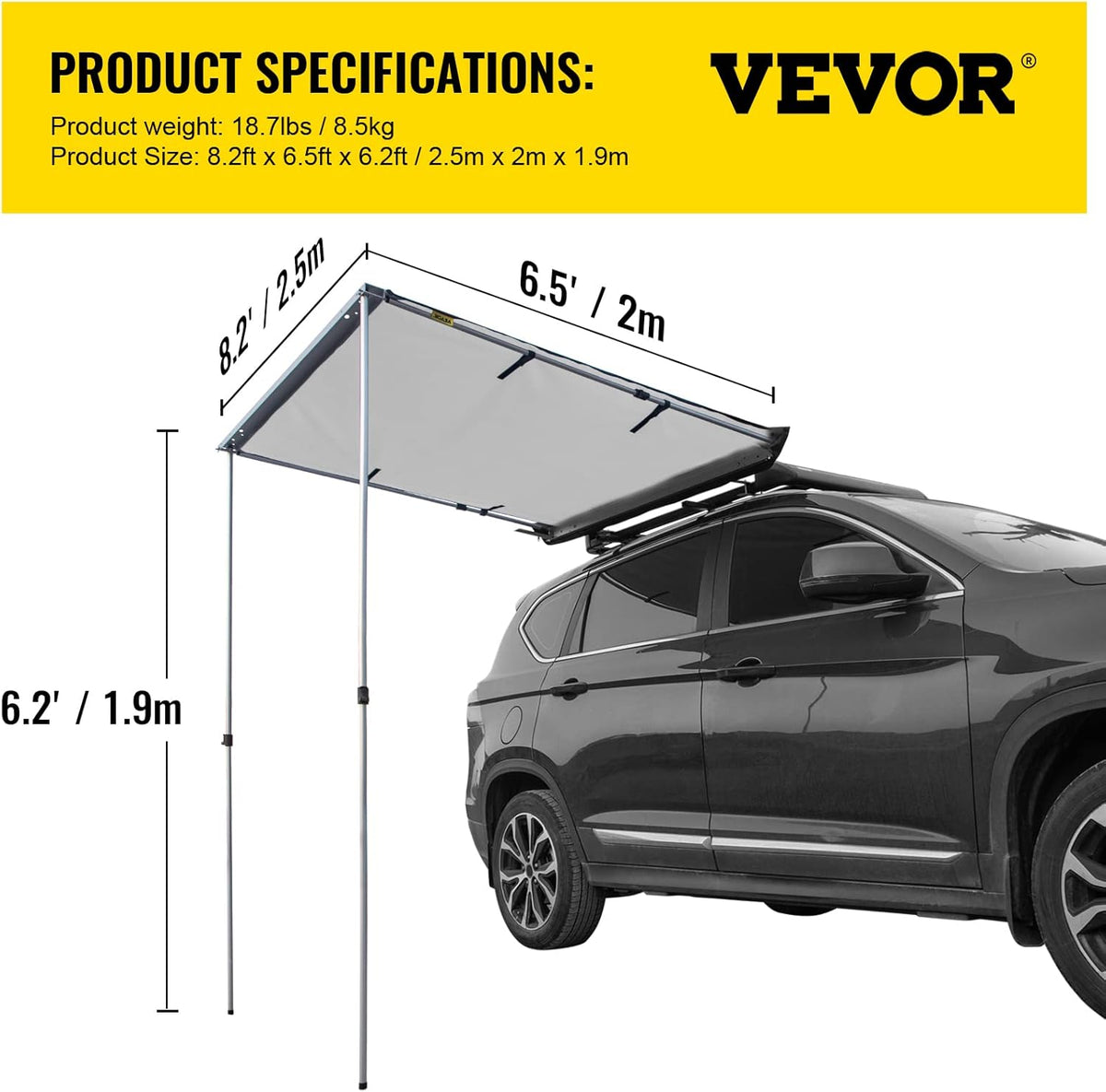 Car Side Awning, 8.2'x6.5', Pull-Out Retractable Waterproof UV50+ with Carry Bag, Grey G2620