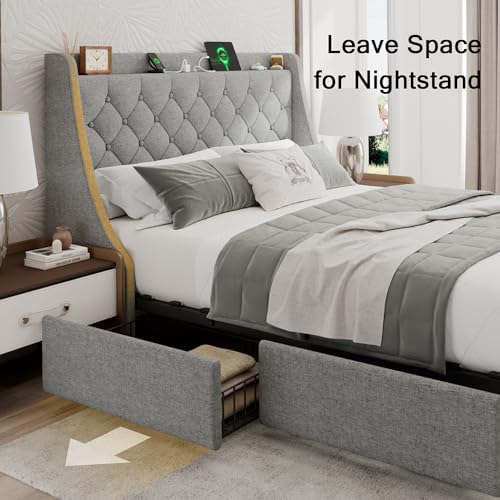 Beige Upholstered Full Size Bed Frame with 4 Storage Drawers W623439