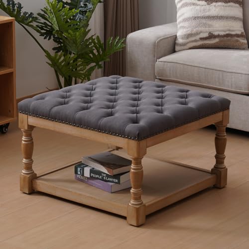 33-inch Large Square Ottoman Coffee Table with Storage Shelf and Solid Wood Legs Button Tufted Upholstered Linen Ottoman Stool (Beige) A88418