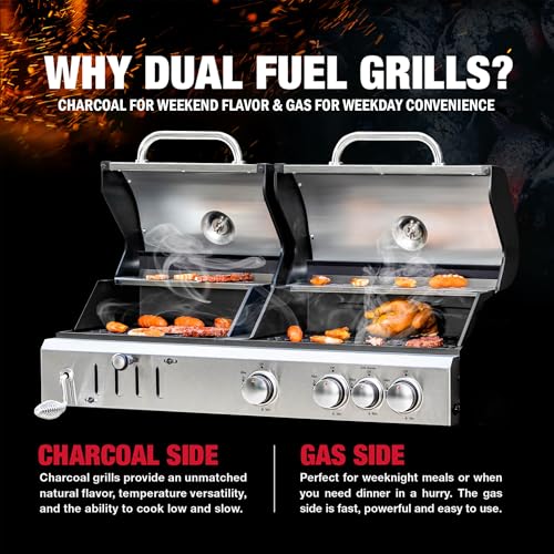 3 Burner Propane Gas and Charcoal Grill Combo with Side Burner, 37,000 BTUs 685 SQIN Dual Fuel Outdoor BBQ Grill Y24814