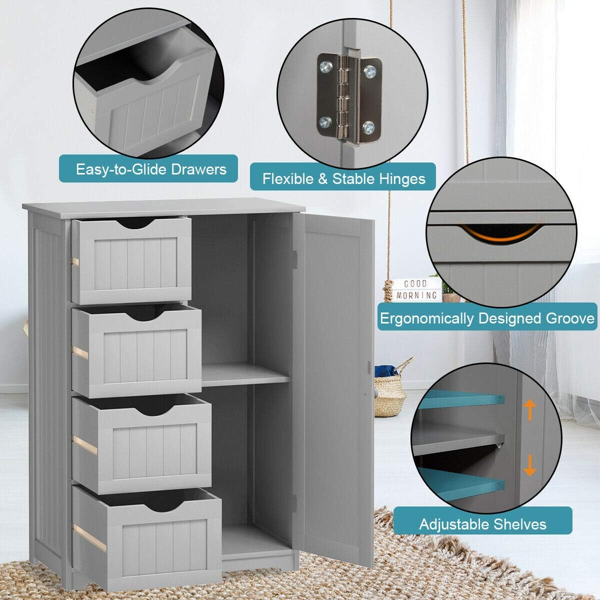 Grey Freestanding Bathroom Floor Cabinet with 4 Drawer X511