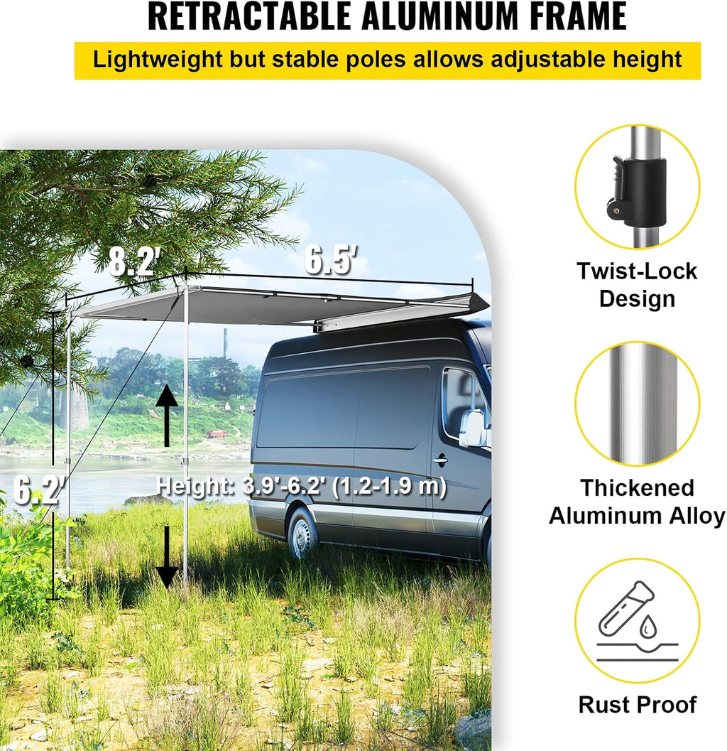 Car Side Awning, 8.2'x6.5', Pull-Out Retractable Waterproof UV50+ with Carry Bag, Grey G2620