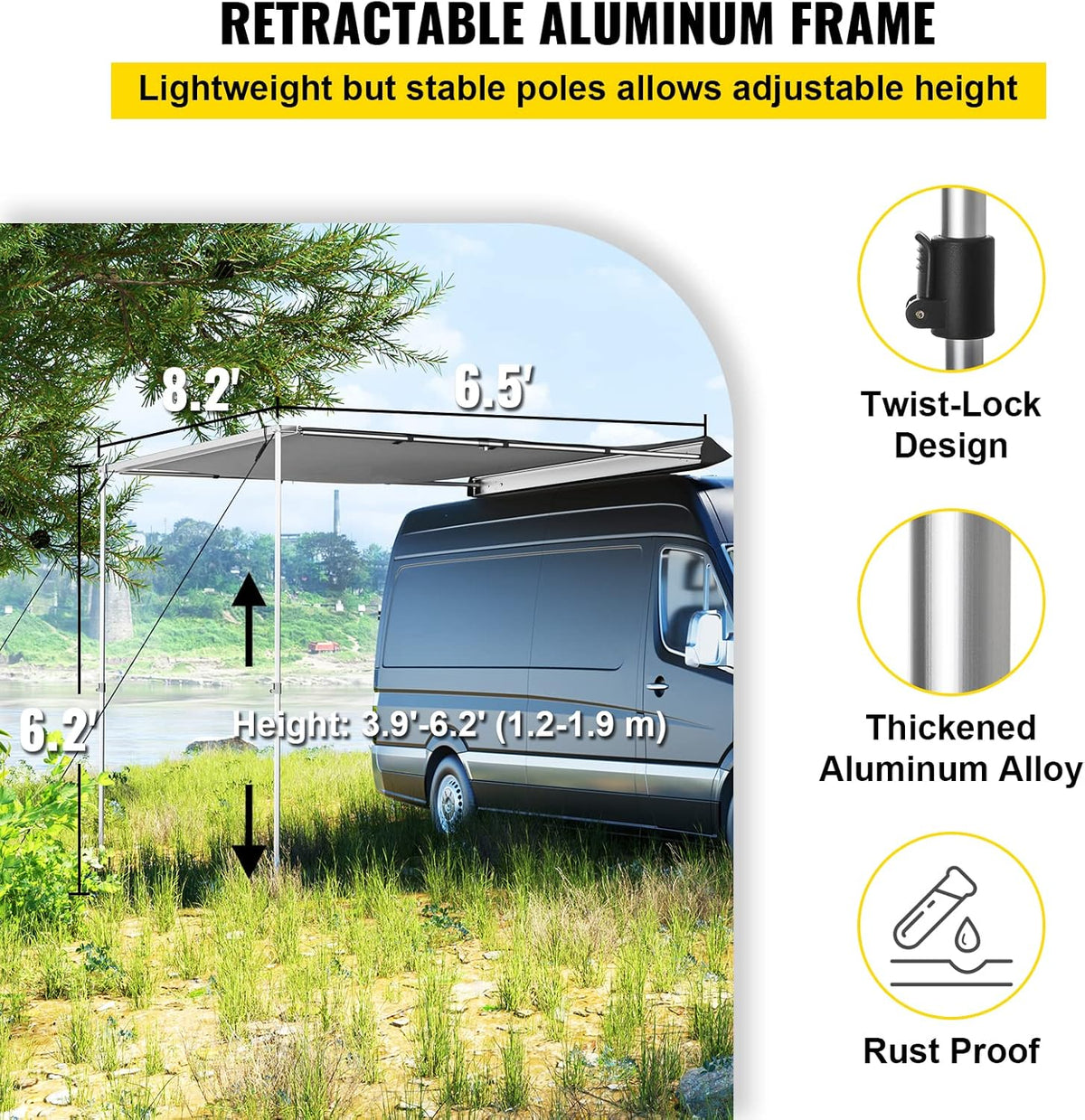 Car Side Awning, 8.2'x6.5', Pull-Out Retractable Waterproof UV50+ with Carry Bag, Grey G2620