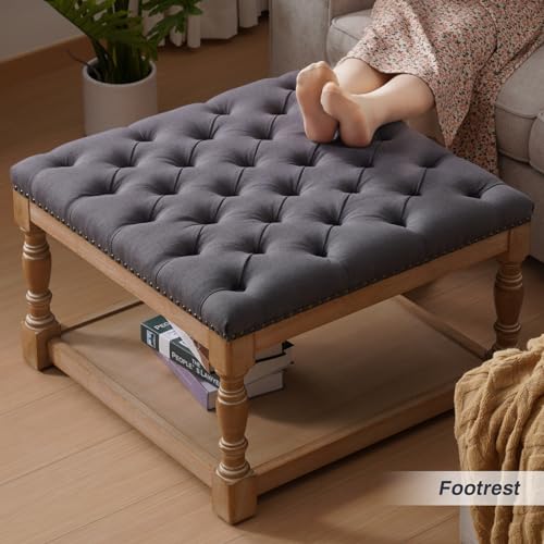 33-inch Large Square Ottoman Coffee Table with Storage Shelf and Solid Wood Legs Button Tufted Upholstered Linen Ottoman Stool (Beige) A88418