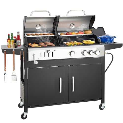 3 Burner Propane Gas and Charcoal Grill Combo with Side Burner, 37,000 BTUs 685 SQIN Dual Fuel Outdoor BBQ Grill Y24814